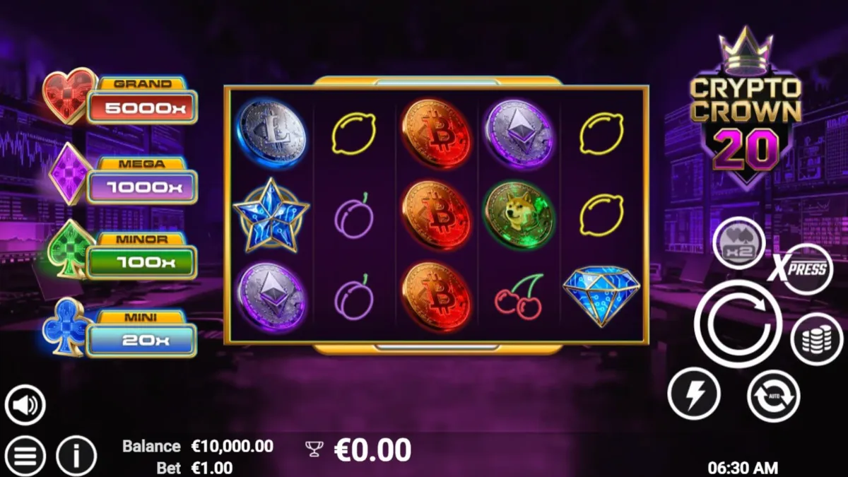 Tampilan neon futuristik dari slot Crypto Crown 20 dengan simbol kripto dan buah.