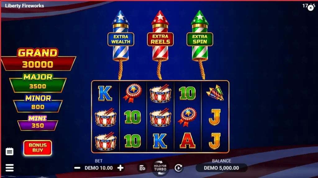Tampilan visual slot Liberty Fireworks 3 Pots dengan tema patriotik dan kembang api